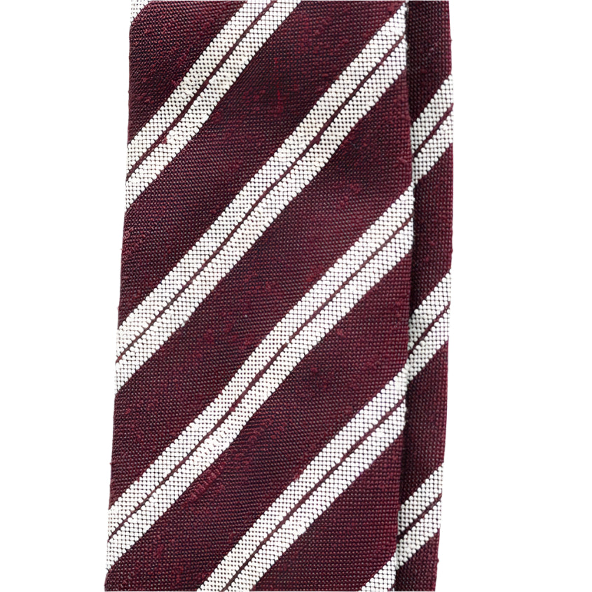 Burgundy & White Three Fold Shantung Silk Handrolled Untipped Tie