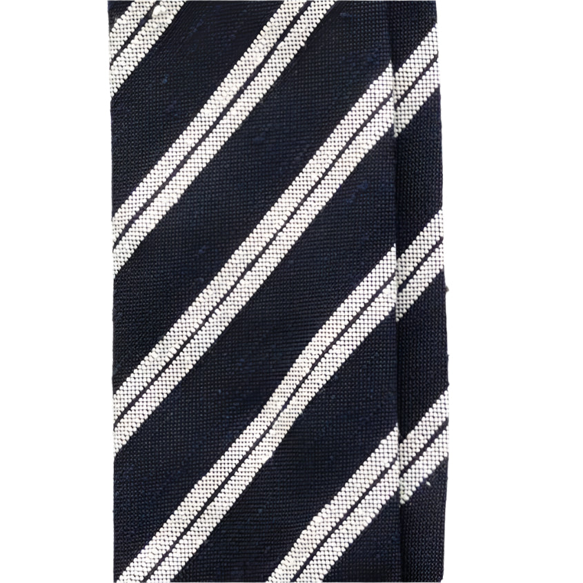 Navy & White Three Fold Shantung Silk Handrolled Untipped Tie